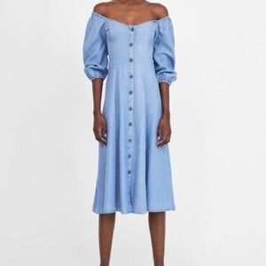 Zara women blue maxi button down off the shoulder dress